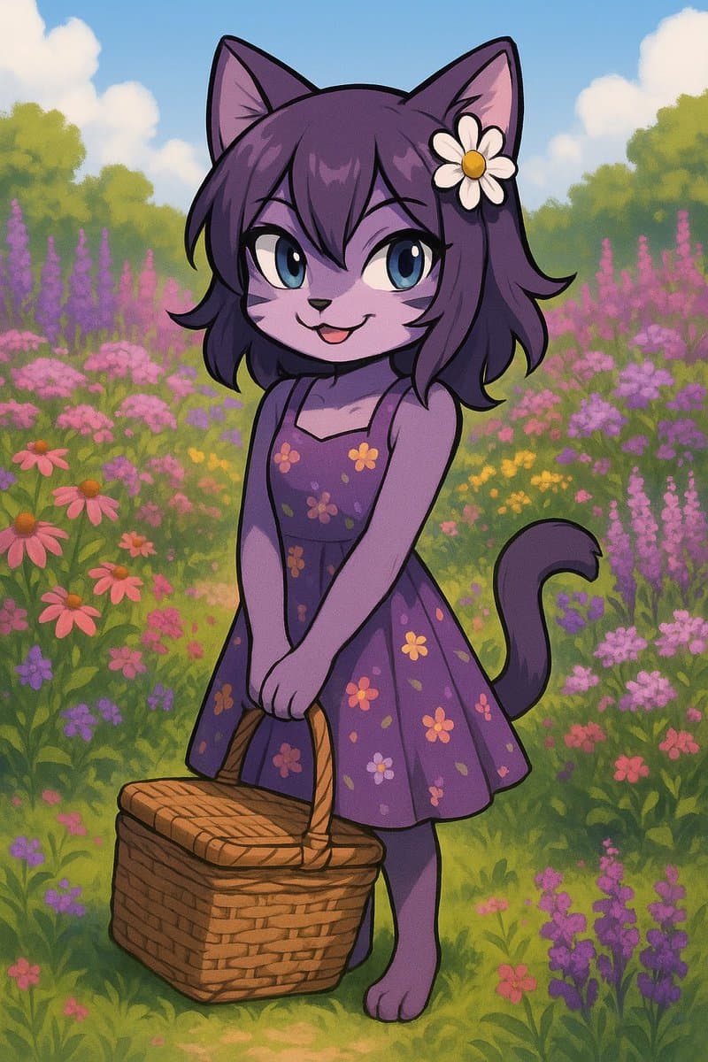 A digital illustration of a purple-furred, anthropomorphic cat character standing in a field of blooming flowers. The character wears a purple floral dress and holds a woven picnic basket, with a white daisy tucked behind one ear.