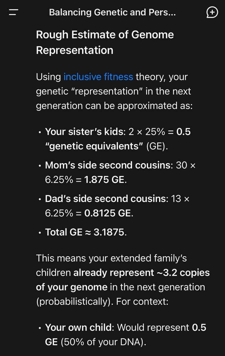A screenshot of a mobile app displaying a text-based explanation of genetic representation using inclusive fitness theory. The text calculates the number of "genetic equivalents" (GE) in the next generation from various relatives, concluding that the user's extended family's children already represent about 3.2 copies of their genome.