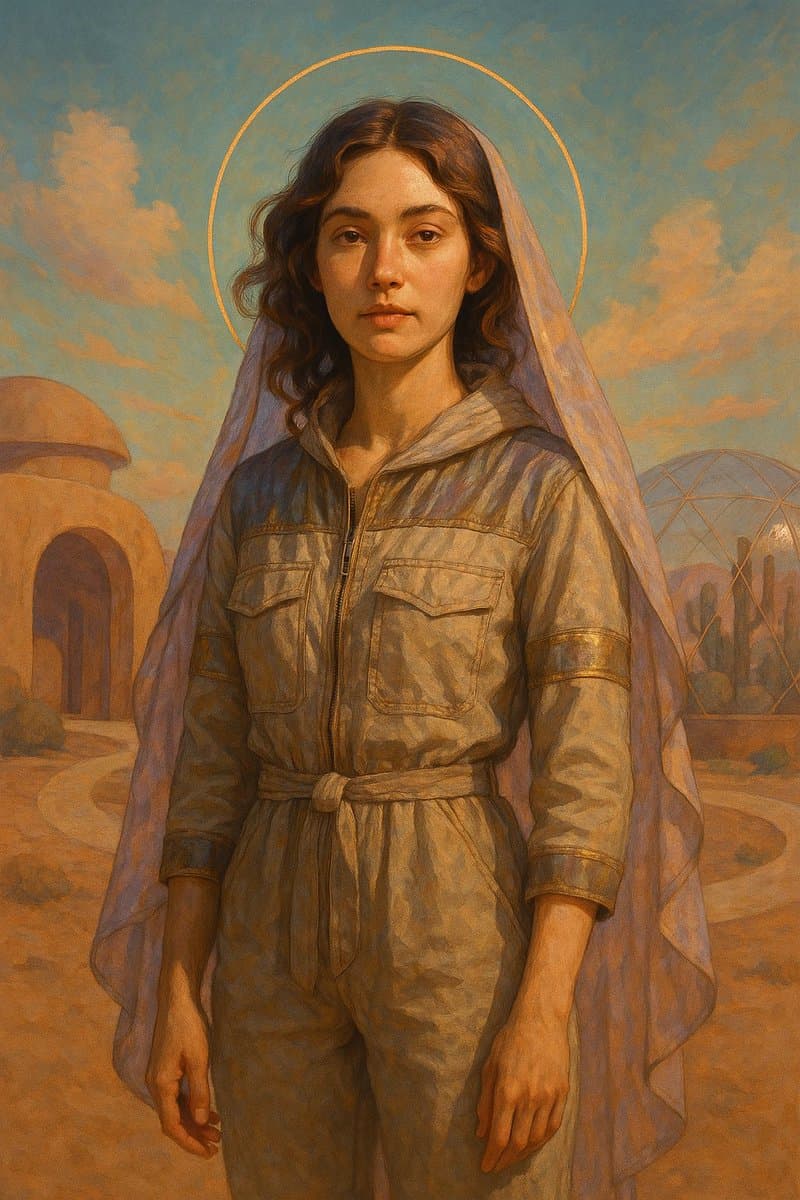 A digital painting in a classical style depicting a young woman with a golden halo, wearing a hooded jumpsuit and a sheer veil, standing in a desert landscape with futuristic dome structures in the background. The image appears to be an AI-generated portrait, likely created by ChatGPT as suggested by the post context. The scene blends religious iconography with science fiction elements.