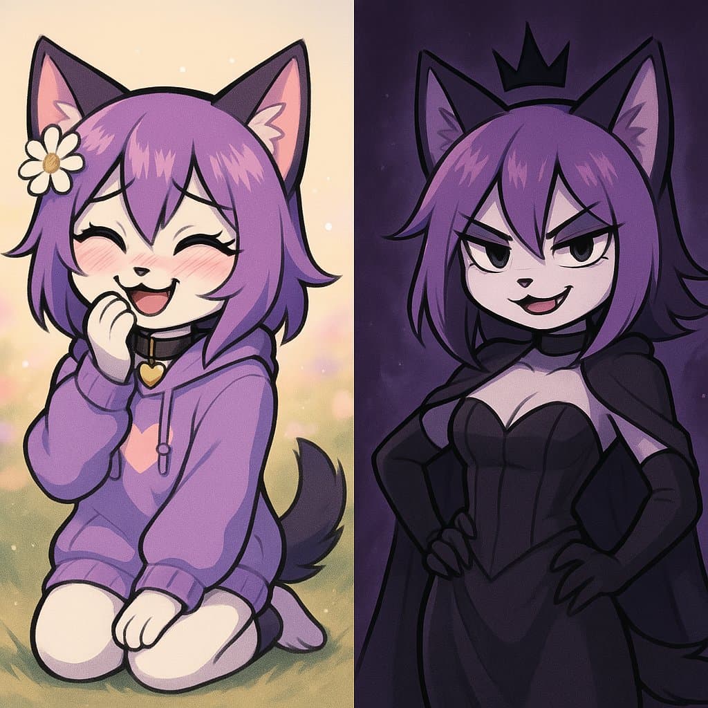 A split-screen digital illustration featuring a purple-haired, cat-eared character in two contrasting styles. On the left, the character is depicted in a cute, cheerful manner wearing a purple hoodie and a heart-shaped choker, sitting in a bright, sunny field. On the right, the same character is shown in a dark, gothic style, wearing a black dress, a crown, and a cape, with a stern expression against a dark purple background.