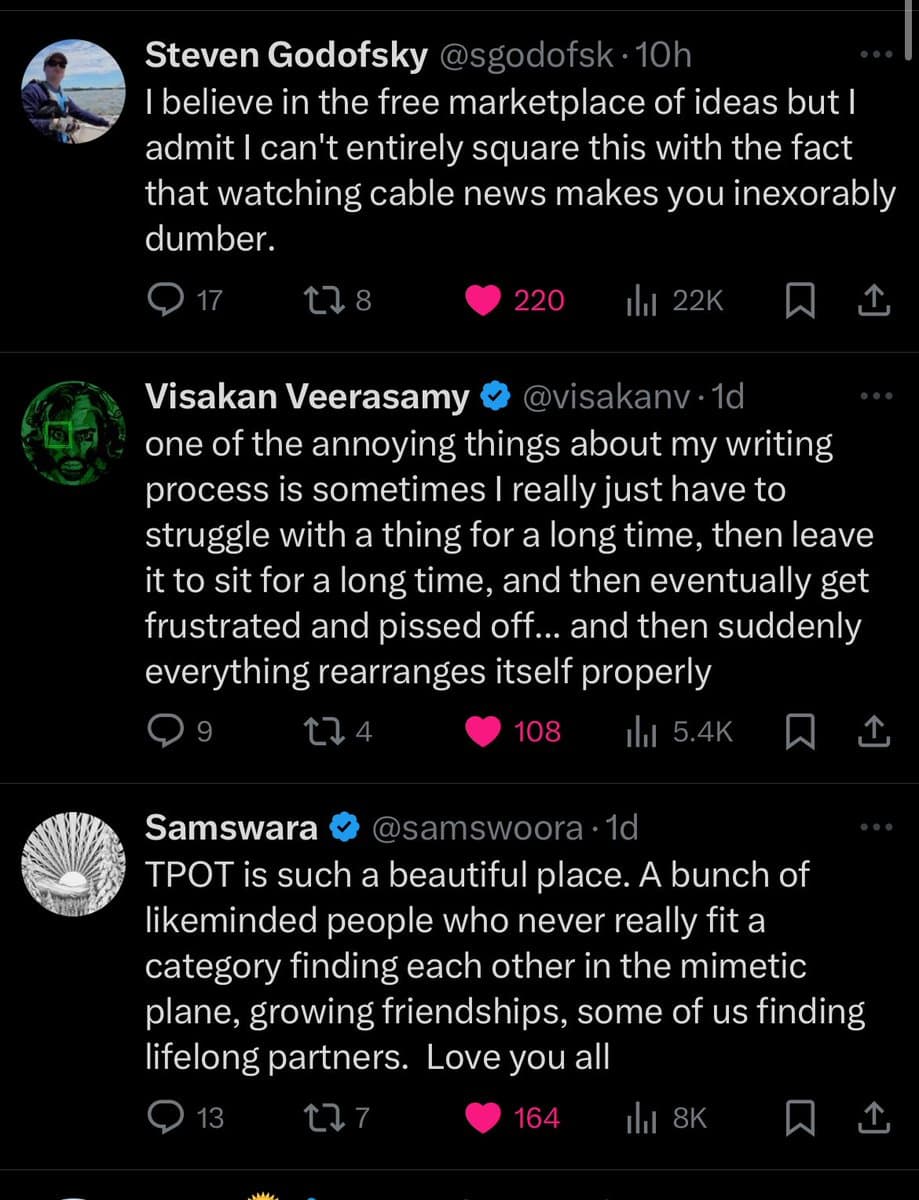 A screenshot of a social media feed displaying three consecutive posts from users Steven Godofsky, Visakan Veerasamy, and Samsvara. The posts discuss topics ranging from the effects of cable news on intelligence to the creative writing process and the community of a specific platform.