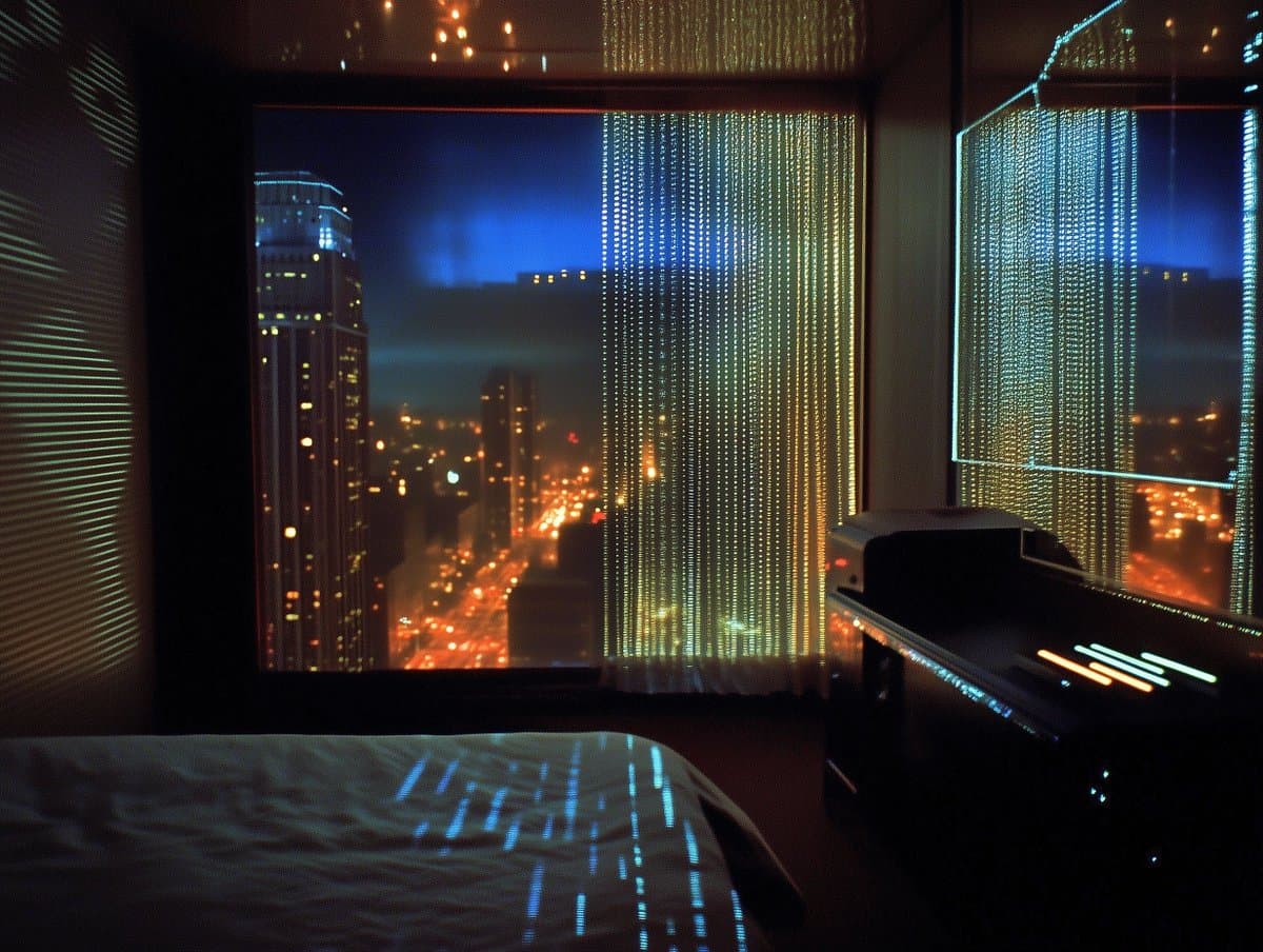 A view from inside a hotel room at night, looking out a window at a city skyline with illuminated skyscrapers and traffic. The room features a bed in the foreground and a wall of vertical light strands that cast a pattern on the bedding.