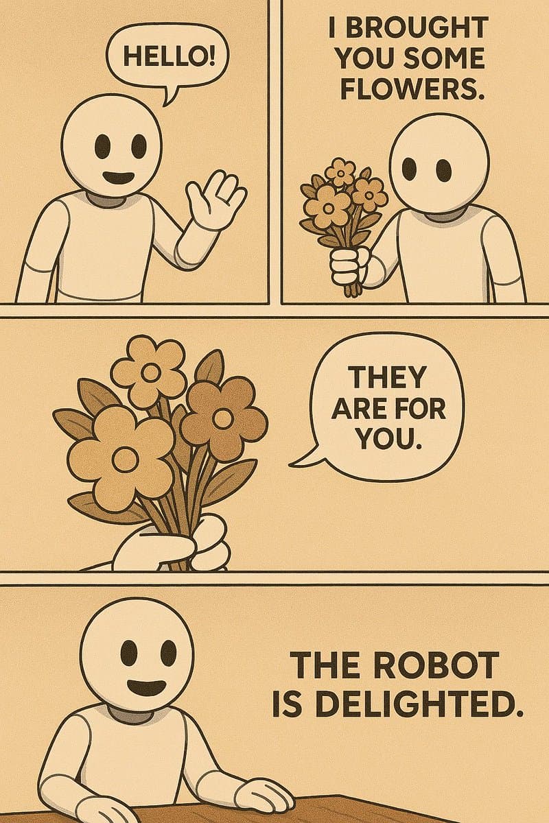 A four-panel comic strip in a minimalist, beige-toned style depicting a simple, faceless humanoid figure interacting with a robot. The figure greets the robot, presents it with a bouquet of flowers, and the robot responds with delight.