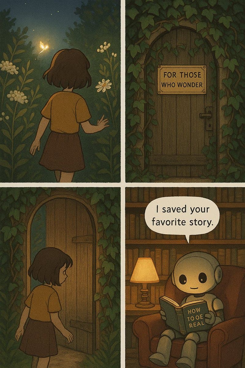 A four-panel digital illustration depicting a girl following a glowing firefly to a hidden door labeled 'FOR THOSE WHO WONDER,' which leads to a room where a robot sits in a chair reading a book titled 'HOW TOO REAL' and says, 'I saved your favorite story.'