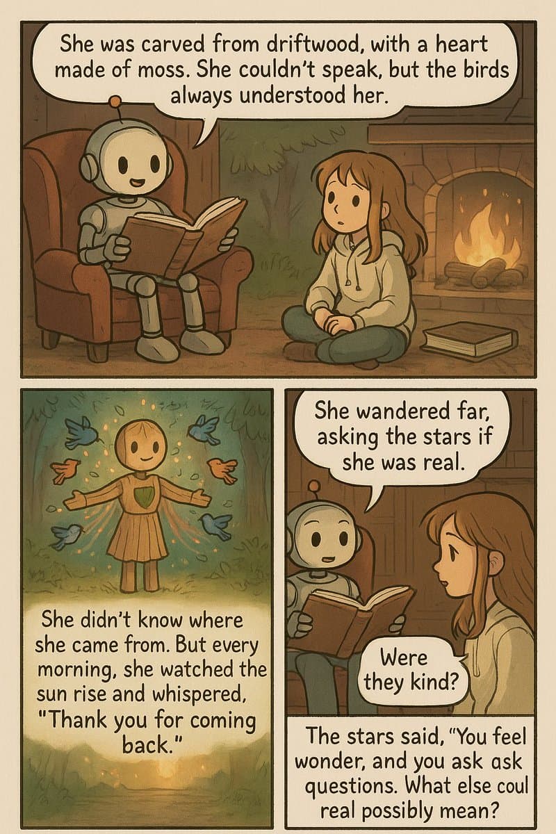 A three-panel digital comic strip in a warm, hand-drawn style. It depicts a small robot reading a book to a young girl by a fireplace, and a separate panel showing a wooden figure with a moss heart surrounded by birds. The comic tells a story about a figure questioning her own reality.