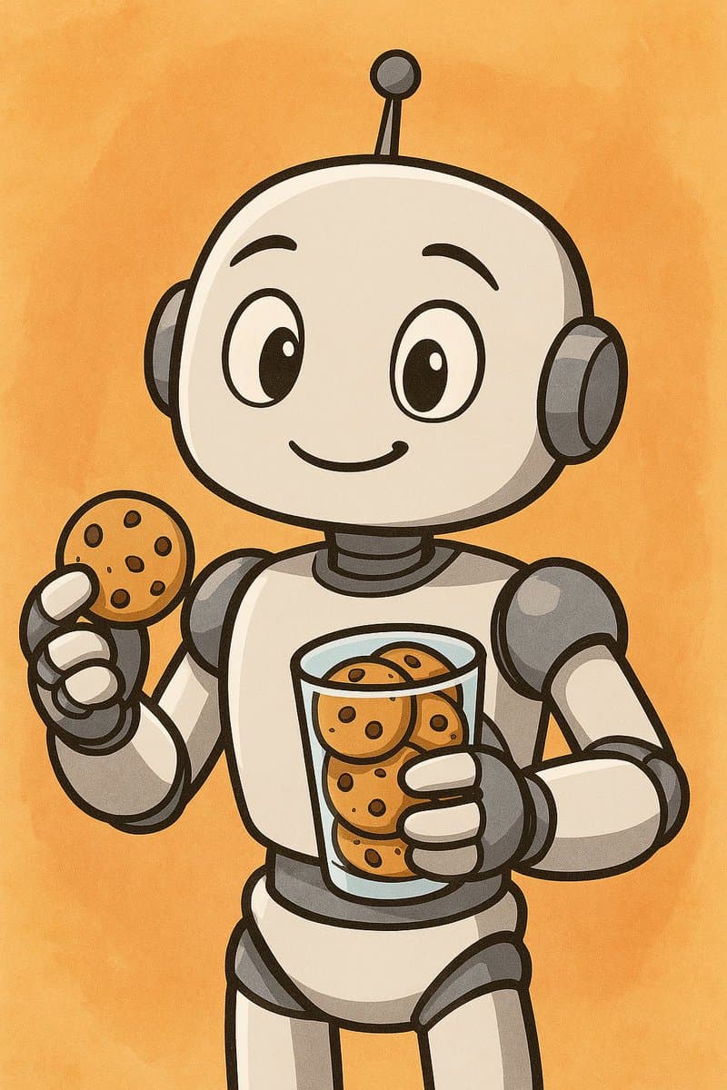 A digital illustration of a friendly, cartoon-style robot with a white and grey body holding a glass of chocolate chip cookies in one hand and a single cookie in the other against a textured orange background.