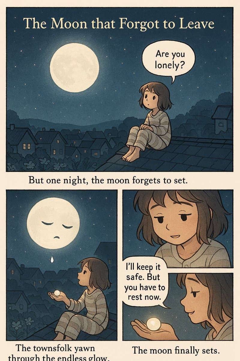 A multi-panel comic strip titled "The Moon that Forgot to Leave" depicting a child on a rooftop at night who comforts a sad, personified moon by catching it in their hand so it can rest. The story is told through illustrations and text captions.