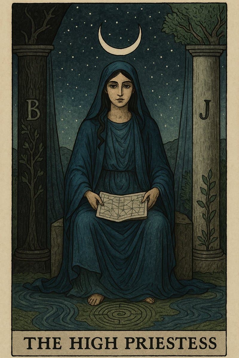 A tarot card illustration titled 'THE HIGH PRIESTESS', depicting a robed figure seated between two pillars under a crescent moon and starry sky. The figure holds an open book, and the pillars are marked with the letters 'B' and 'J'.
