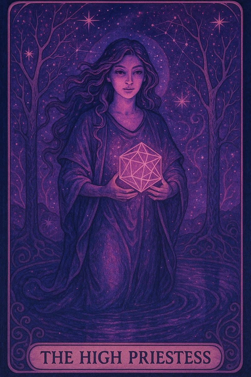 A mystical, purple-toned illustration styled like a tarot card, depicting a robed figure with long hair holding a glowing 20-sided die (d20) in a starry forest setting. The card is labeled 'THE HIGH PRIESTESS' at the bottom.