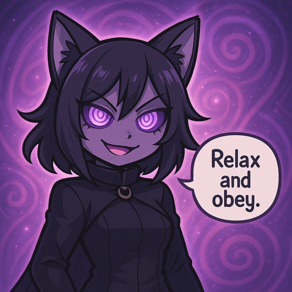 A digital illustration of a dark-haired, cat-eared character with glowing purple eyes and a mischievous smile, set against a swirling purple background. A speech bubble next to the character contains the text 'Relax and obey.'