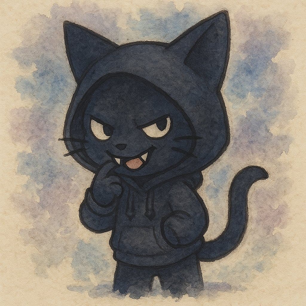 A watercolor illustration of a black cat character wearing a dark blue hooded sweatshirt, standing with a mischievous expression and one finger to its mouth against a soft, cloudy background.