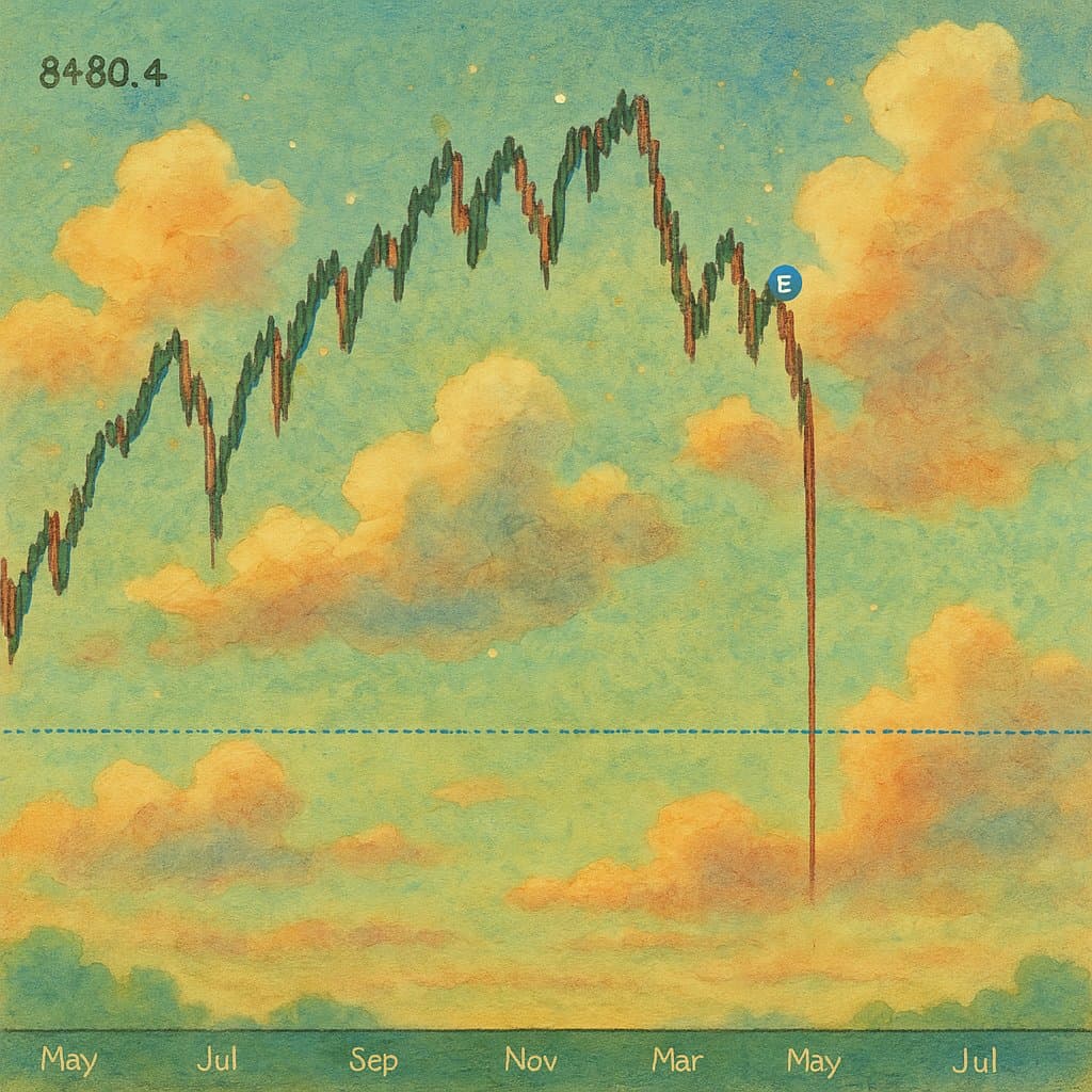 A stock market chart styled to look like a Studio Ghibli painting, featuring a dramatic market crash depicted as a steep red line falling through a pastel sky with fluffy clouds. The chart shows a rise and fall over several months, with the crash occurring in May.