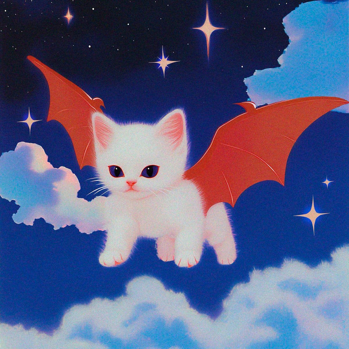 A digital illustration of a white kitten with large red bat wings flying through a starry night sky with clouds.