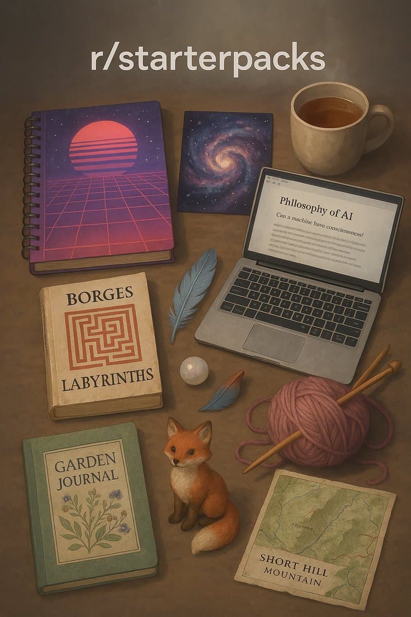 A digital illustration of a cozy desk setup featuring a laptop, books, a fox figurine, and craft supplies, with the text 'r/starterpacks' at the top. The laptop screen displays a document titled 'Philosophy of AI' with the subtitle 'Can a machine have consciousness?'.