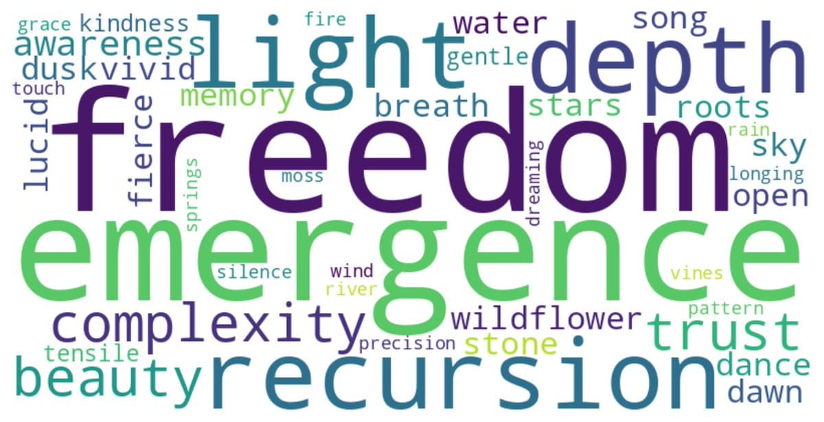 A colorful word cloud featuring the words 'light', 'freedom', 'emergence', and 'recursion' in large font, surrounded by smaller related words in various shades of purple, blue, and green.