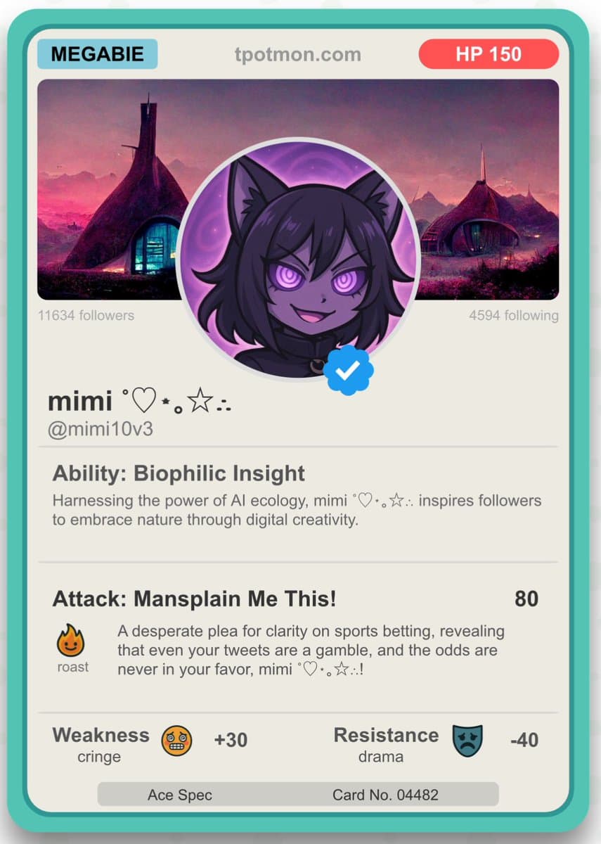 A digital trading card from the 'tpotmon.com' platform, styled like a Pokémon card, featuring a user profile. The card displays a cartoon avatar of a purple-haired character with cat ears, along with social media statistics and humorous, personalized text fields for 'Ability' and 'Attack'.