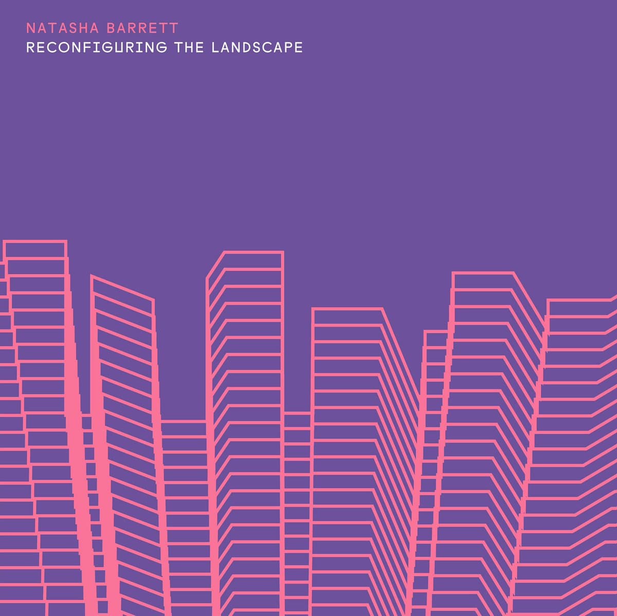 A digital album cover featuring a minimalist, generative design of pink, wireframe skyscrapers against a solid purple background. The text in the upper left corner identifies the artist and album title.
