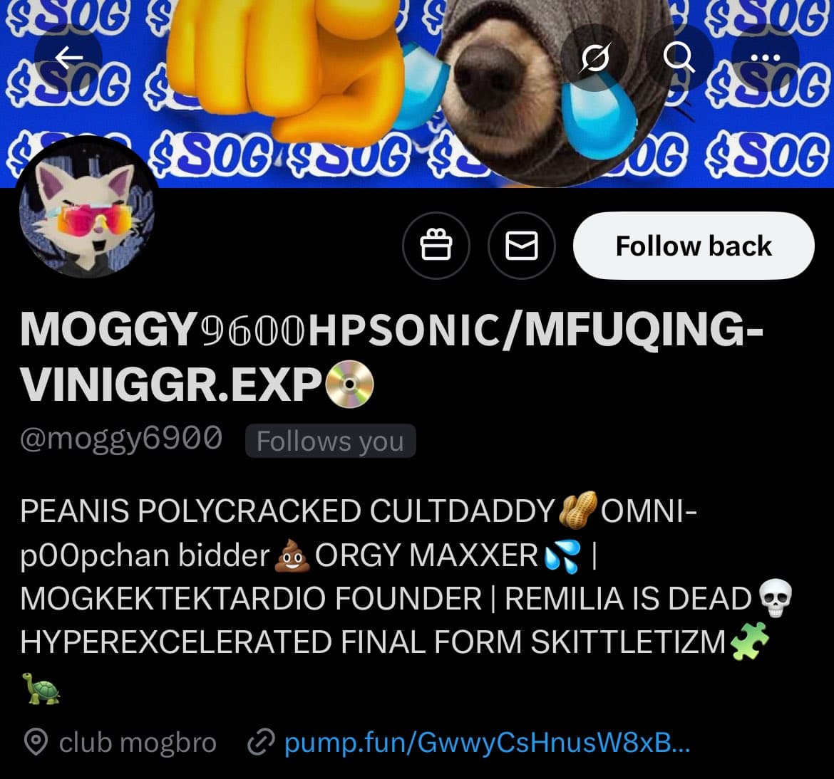 A screenshot of a Twitter profile page for the user @moggy6900. The profile features a banner with a crying sloth emoji and a fist, a profile picture of a cat wearing sunglasses, and a bio filled with internet slang and emojis.