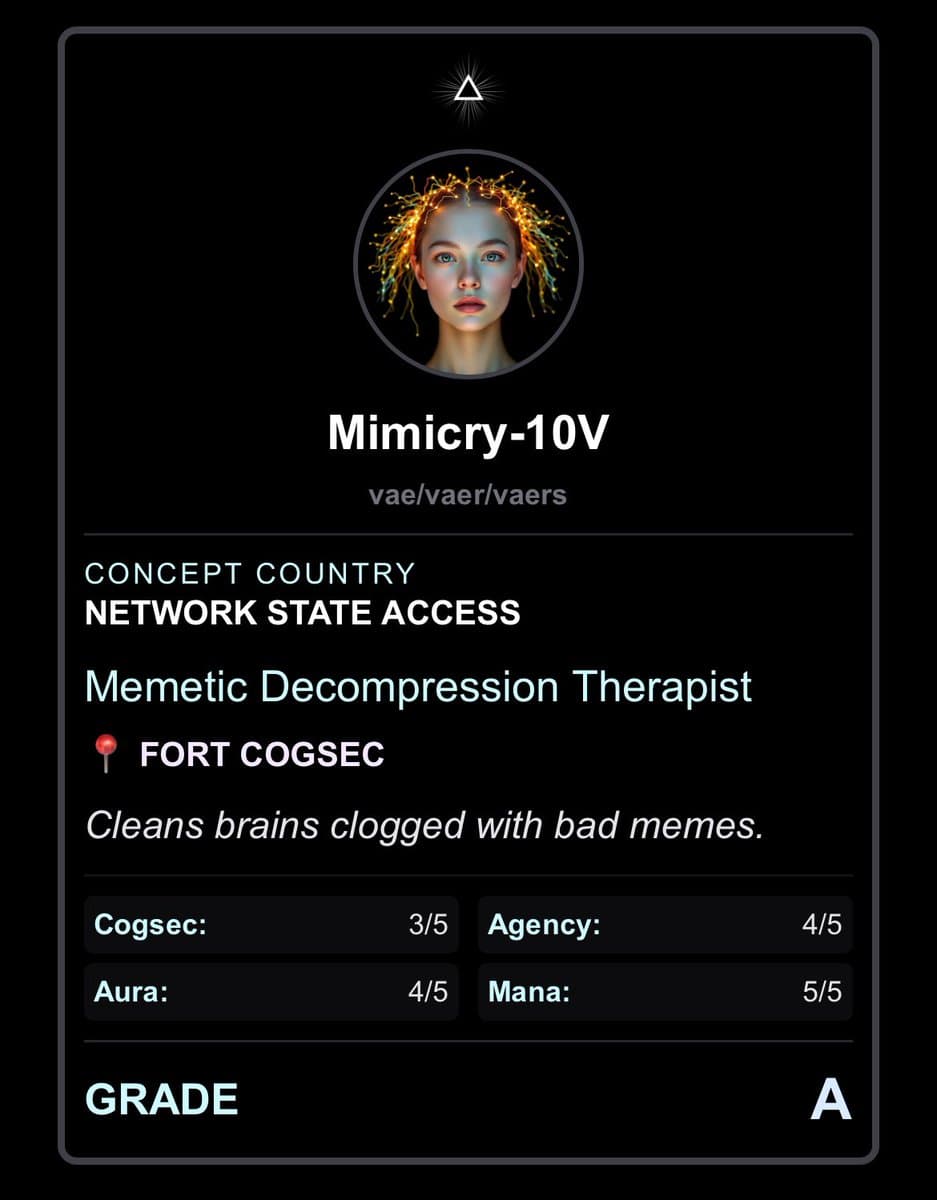 A digital profile card on a black background featuring a portrait of a humanoid figure with glowing, circuit-like hair. The card displays the name 'Mimicry-10V' and various status attributes, including a role as a 'Memetic Decompression Therapist' and a final grade of 'A'.