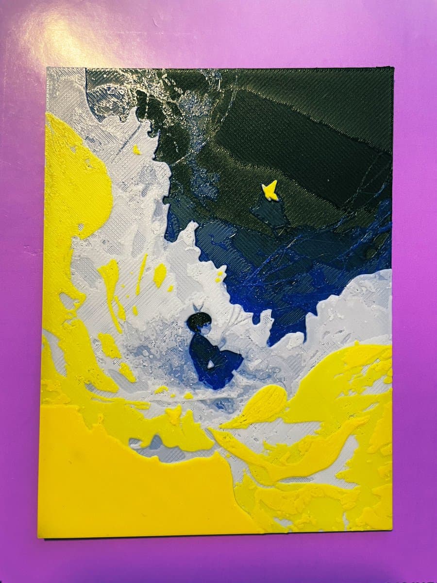 A 3D-printed artwork on a rectangular canvas featuring a textured, abstract landscape with a small blue figure, a yellow star, and bold sections of yellow, white, and dark blue material. The piece is photographed against a solid purple background.