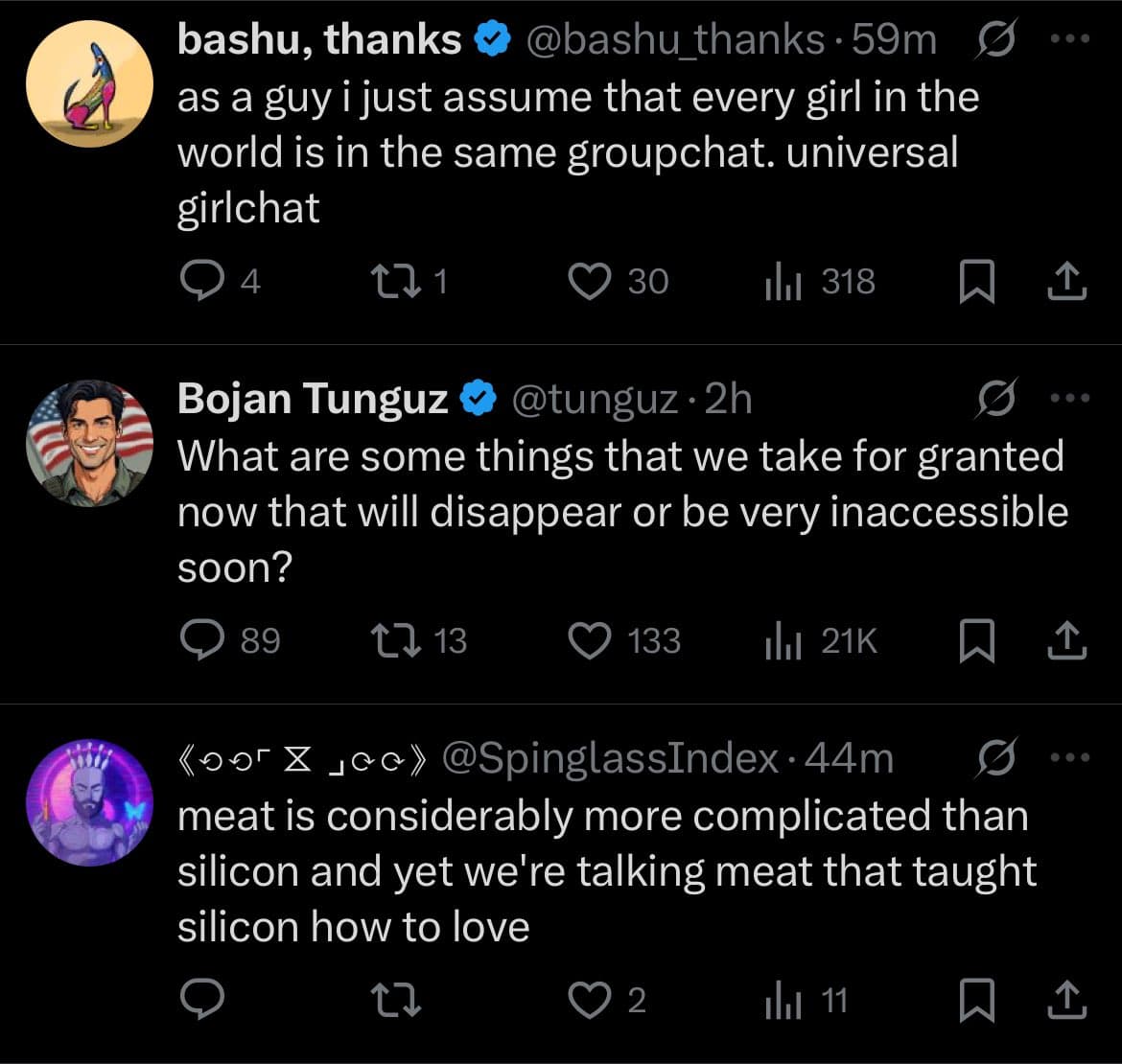A screenshot of a Twitter feed showing three consecutive posts. The top post is from 'bashu, thanks' (@bashu_thanks), the middle is from 'Bojan Tunguz' (@tunguz), and the bottom is from a user with the handle @SpinglassIndex.
