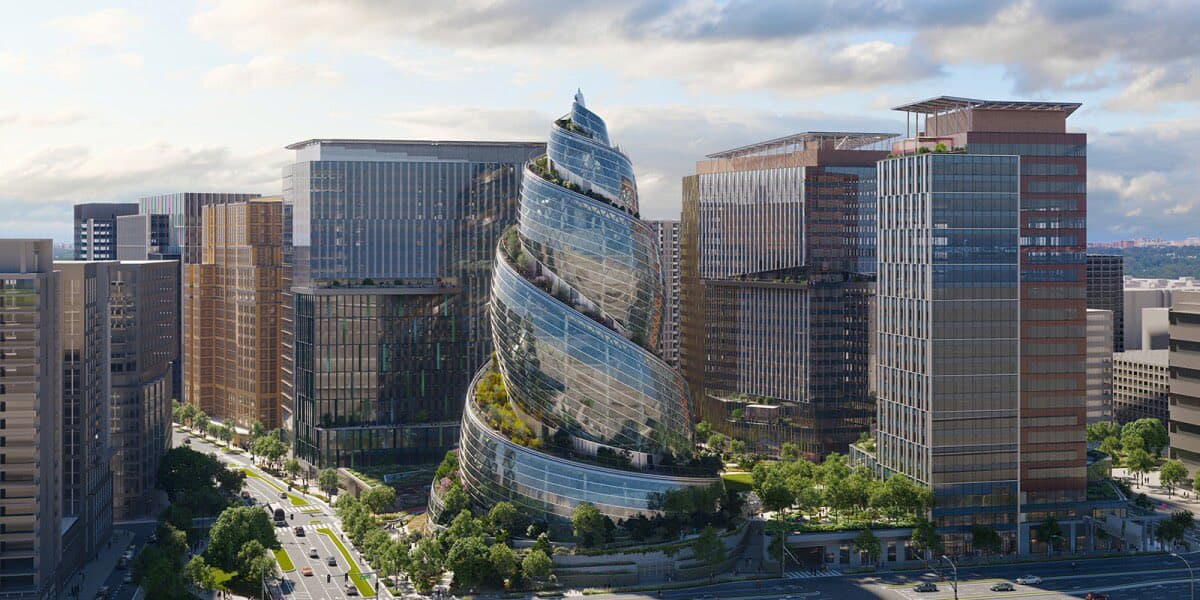 A digital architectural rendering of a futuristic cityscape featuring a prominent, spiraling glass tower with integrated greenery, surrounded by other modern high-rise buildings and city streets. The image is a 3D visualization rather than a photograph.