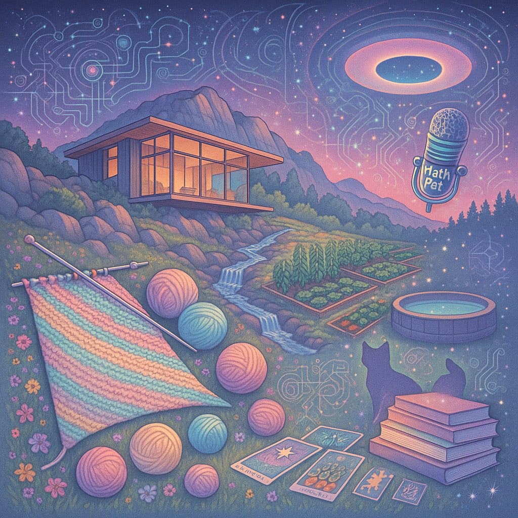 A whimsical, pastel-colored digital illustration depicting a cozy hillside scene with a modern cabin, a stream, and a starry sky. The foreground features a large in-progress knitting project, balls of yarn, a stack of books, and tarot cards, while a microphone labeled 'Hath Pet' and a UFO float in the sky.