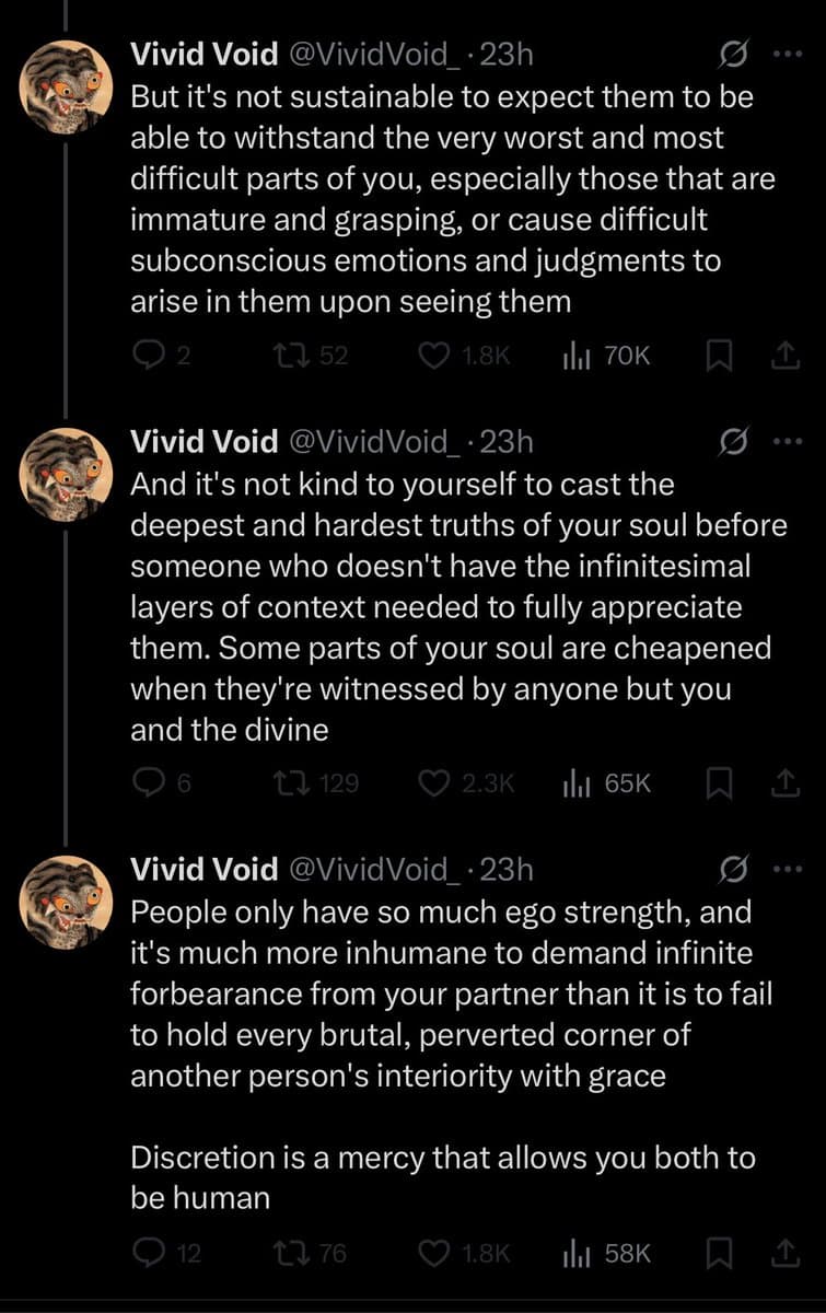 A screenshot of a Twitter thread from the account @VividVoid_. The image displays three consecutive tweets discussing the concept of sharing deep personal truths and the importance of discretion in relationships.