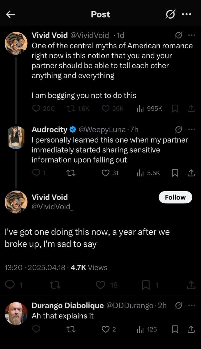 A screenshot of a Twitter thread discussing the concept of sharing sensitive information with a partner after a breakup. The thread includes a quote from user @VividVoid_ about the 'central myths of American romance' and a reply from @WeepyLuna about a partner sharing sensitive information upon falling out.