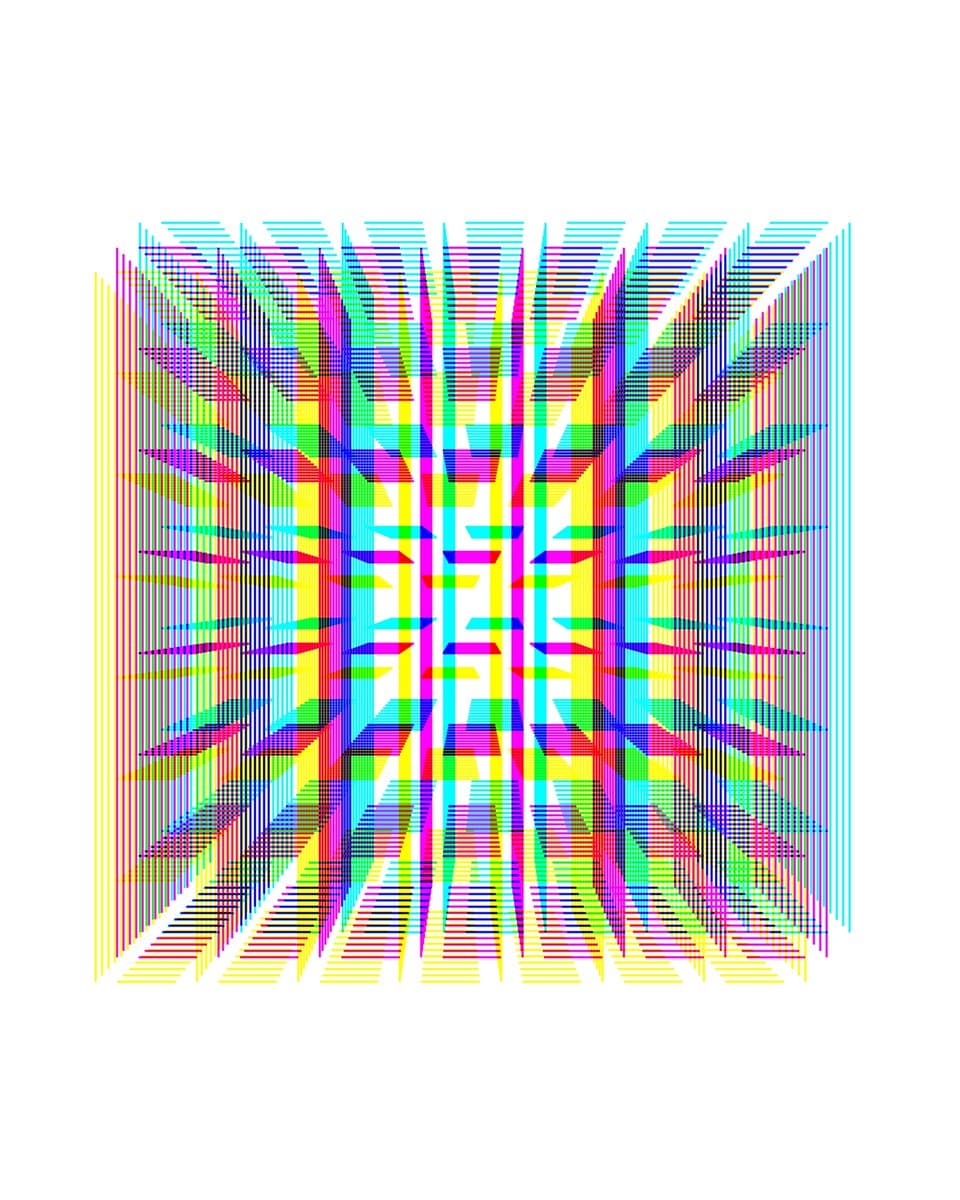 A vibrant, abstract digital artwork featuring a symmetrical, kaleidoscopic pattern of radiating lines and geometric shapes in neon colors like magenta, cyan, yellow, and green against a white background.