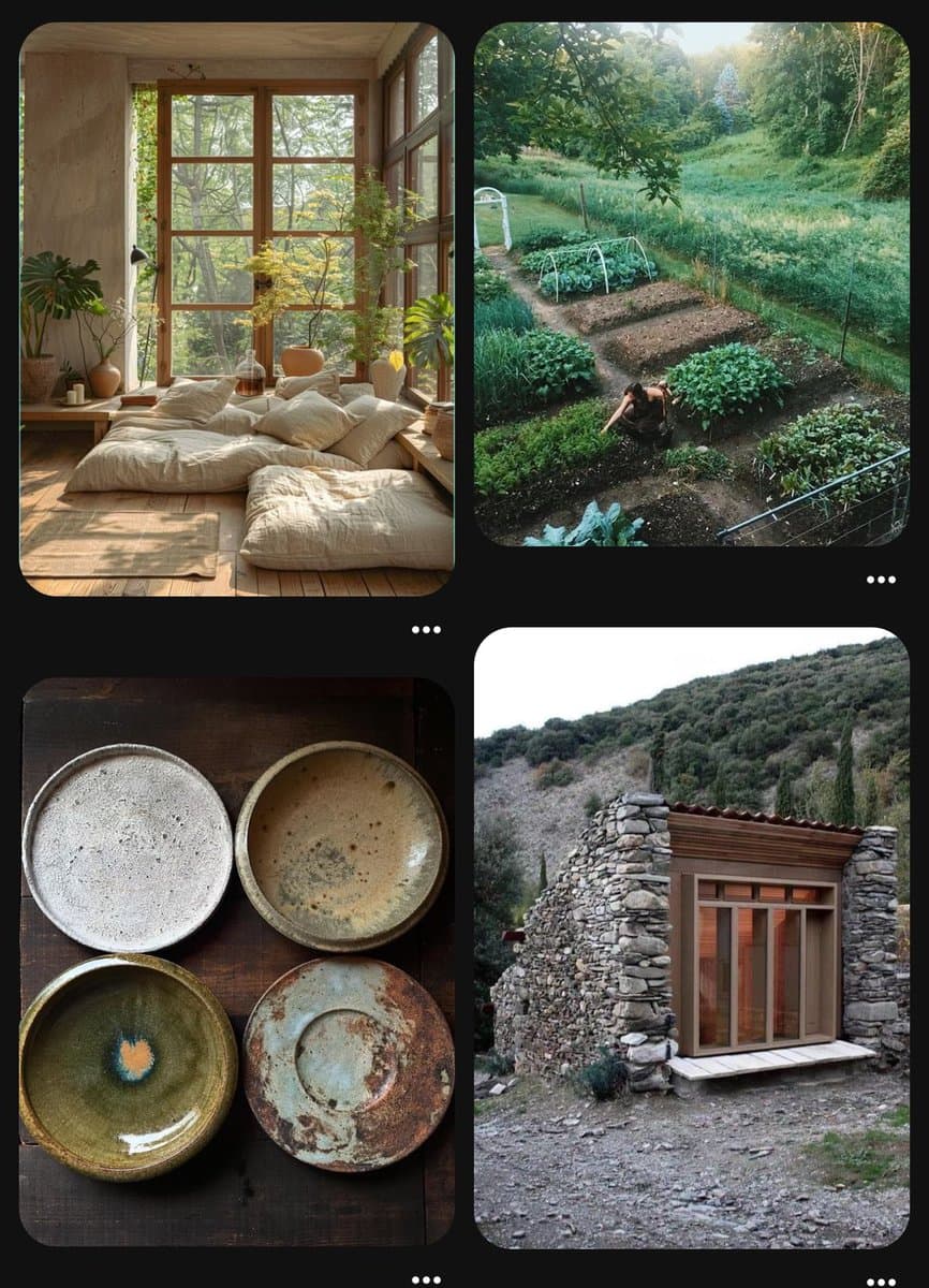 A four-panel collage featuring images of a minimalist interior with floor cushions, a person tending to a vegetable garden, a set of four rustic ceramic bowls, and a small stone building with a wooden door in a hilly landscape.