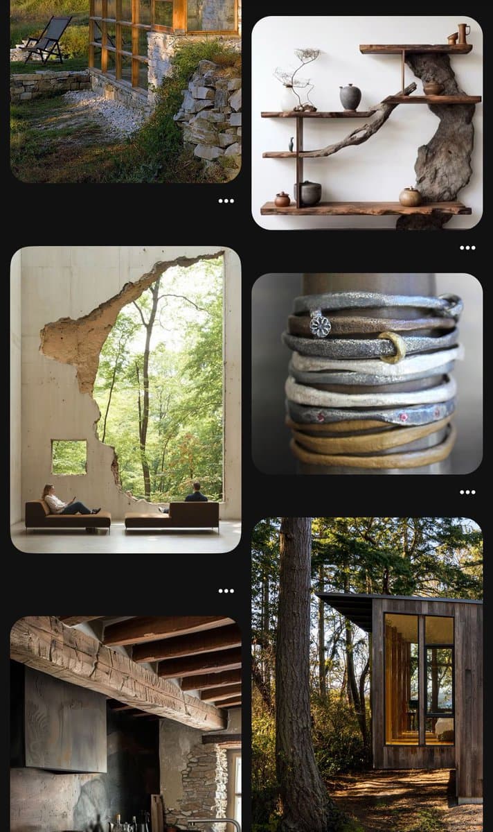 A collage of six photographs showcasing rustic and organic architectural and interior design elements, including stone and wood structures, a wall with a large opening to a forest, and handmade jewelry.