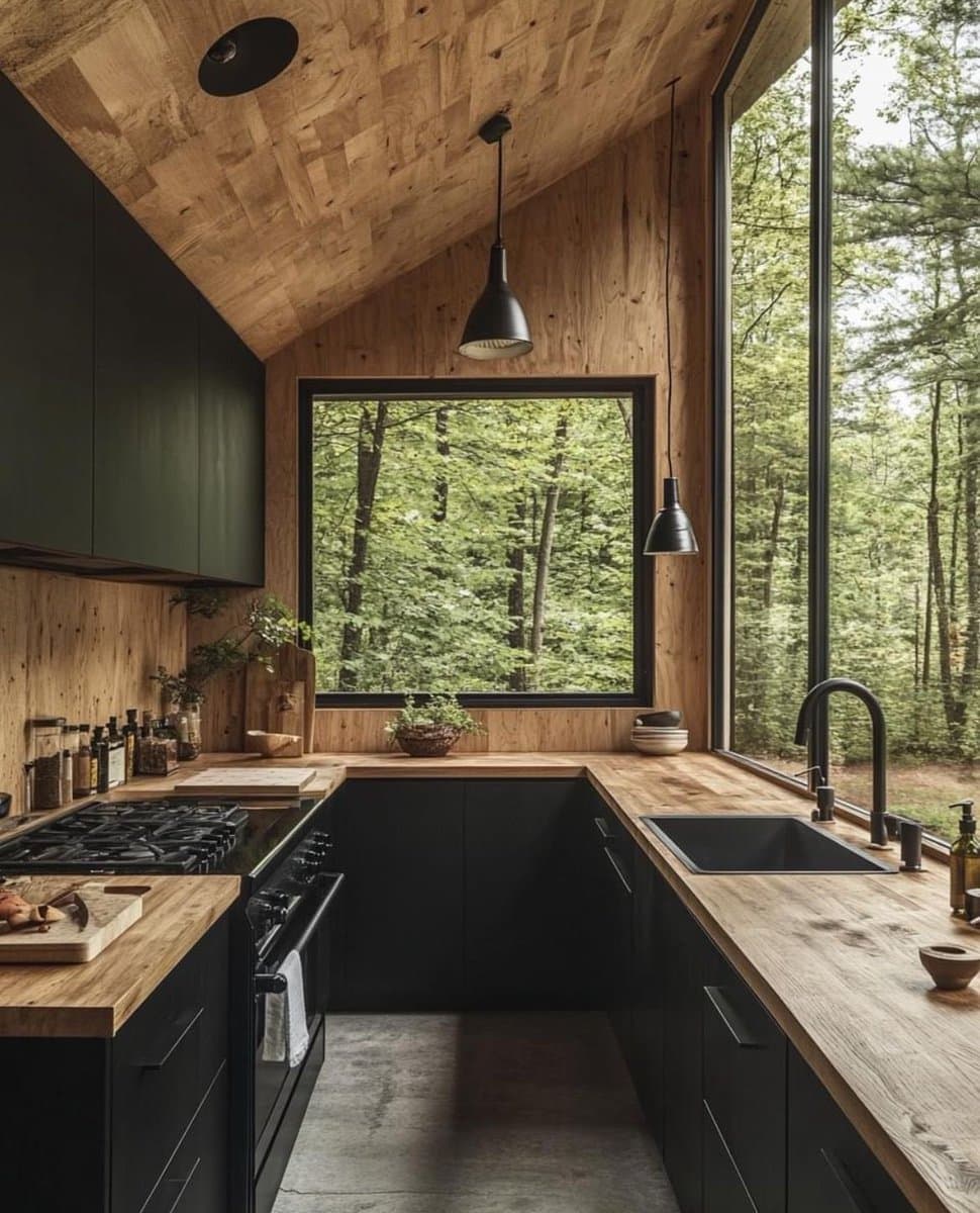 A modern kitchen interior featuring dark green cabinetry, wooden countertops, and a slanted plywood ceiling, with large windows offering a view of a lush forest.