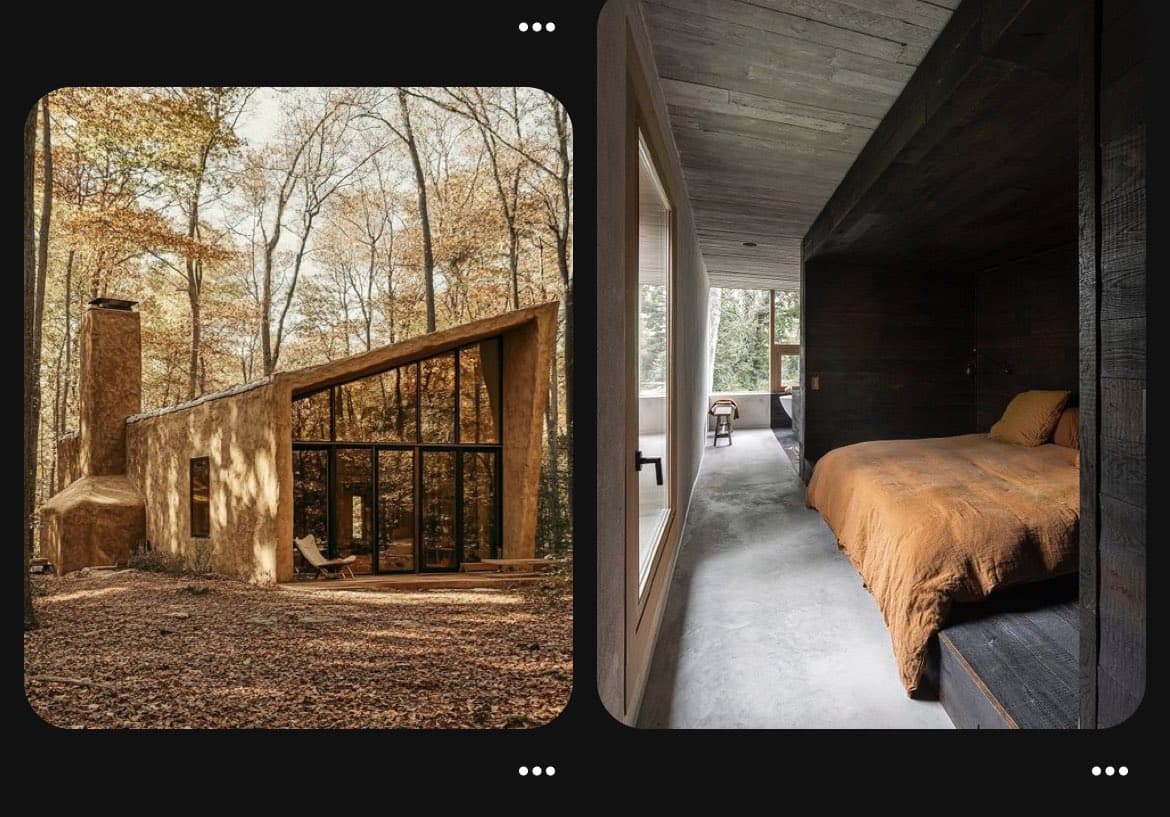A split-screen image showing a rustic, earth-toned house in a forest. The left panel displays the exterior of the building with a large chimney and glass windows, while the right panel shows a minimalist bedroom interior with a bed and concrete floors.