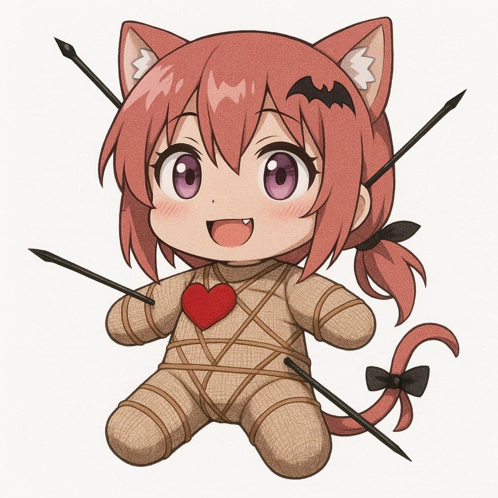 A chibi-style anime illustration of a smiling girl with pink hair, cat ears, and a bat-shaped hair clip, depicted as a voodoo doll wrapped in twine with pins stuck in her and a red heart on her chest. She has a small fang and a tail with a black bow.