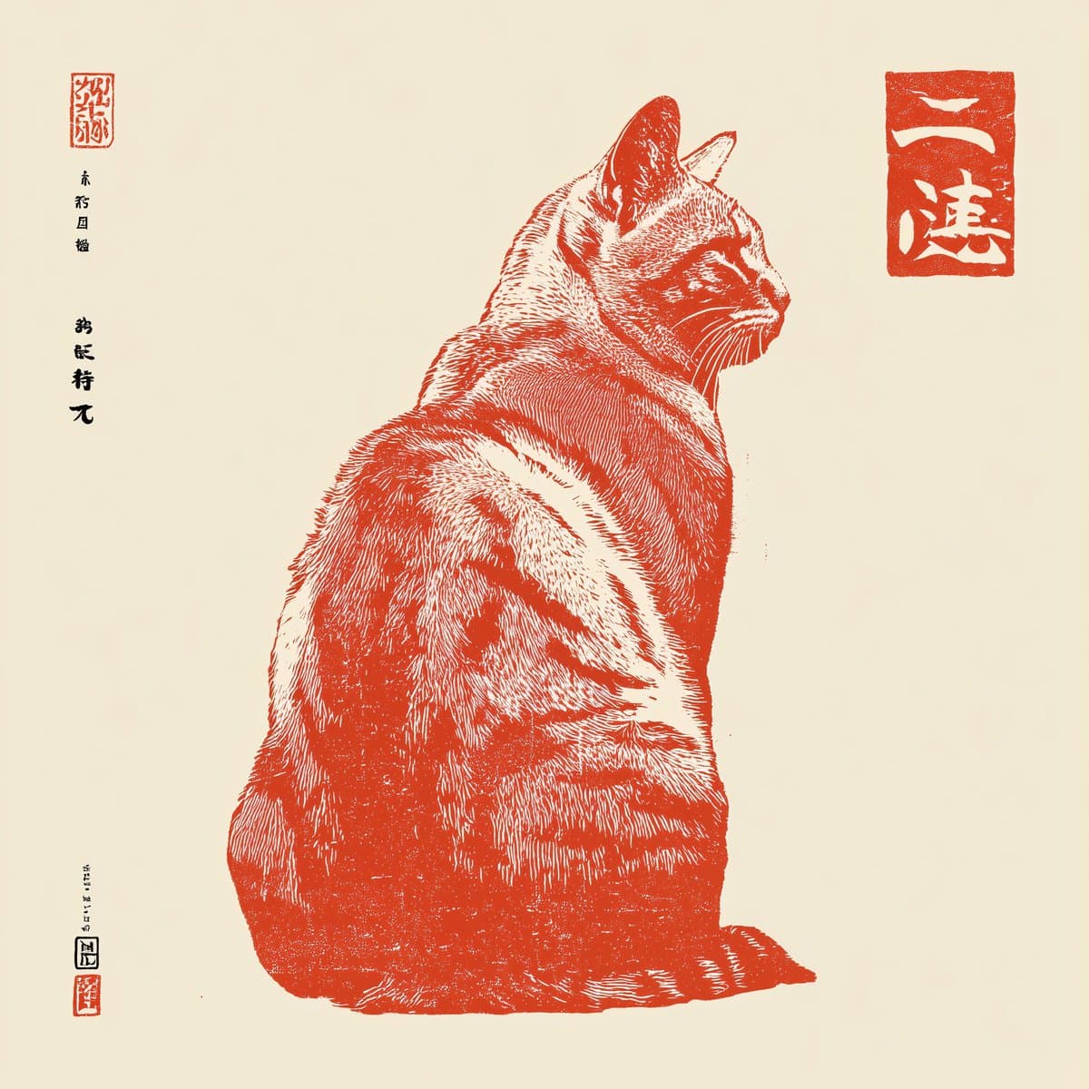 A red and white woodblock print depicting a seated cat in profile, accompanied by traditional Japanese calligraphy and red seals on a cream background.
