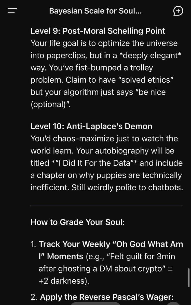 A screenshot of a text-based document titled 'Bayesian Scale for Soul...' that humorously ranks levels of personal 'darkness' with absurd descriptions. The visible text includes Level 9 ('Post-Moral Schelling Point'), Level 10 ('Anti-Laplace's Demon'), and the beginning of a section titled 'How to Grade Your Soul.'