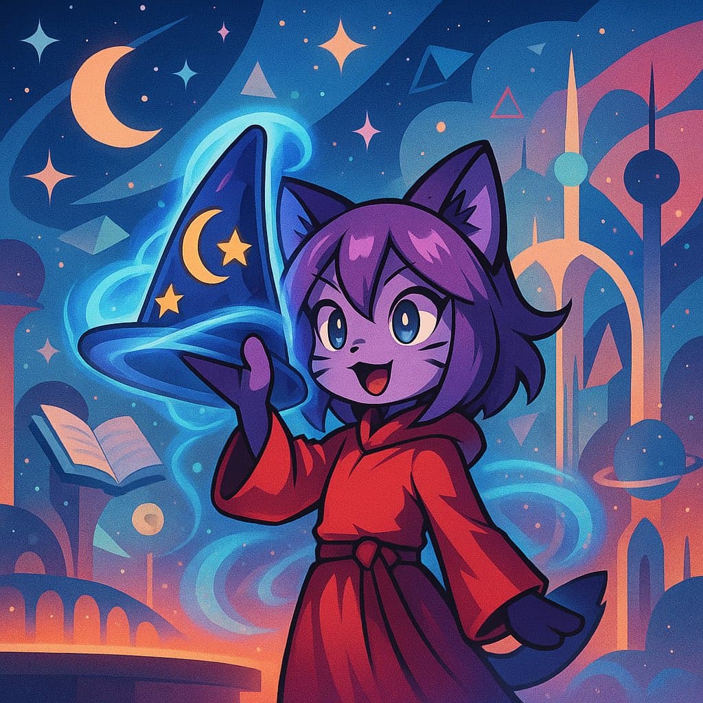 A digital illustration of a purple, cat-eared character in a red robe holding a large, glowing blue wizard hat with a crescent moon and stars. The background features a stylized night sky with a crescent moon, stars, and a futuristic cityscape with tall spires.