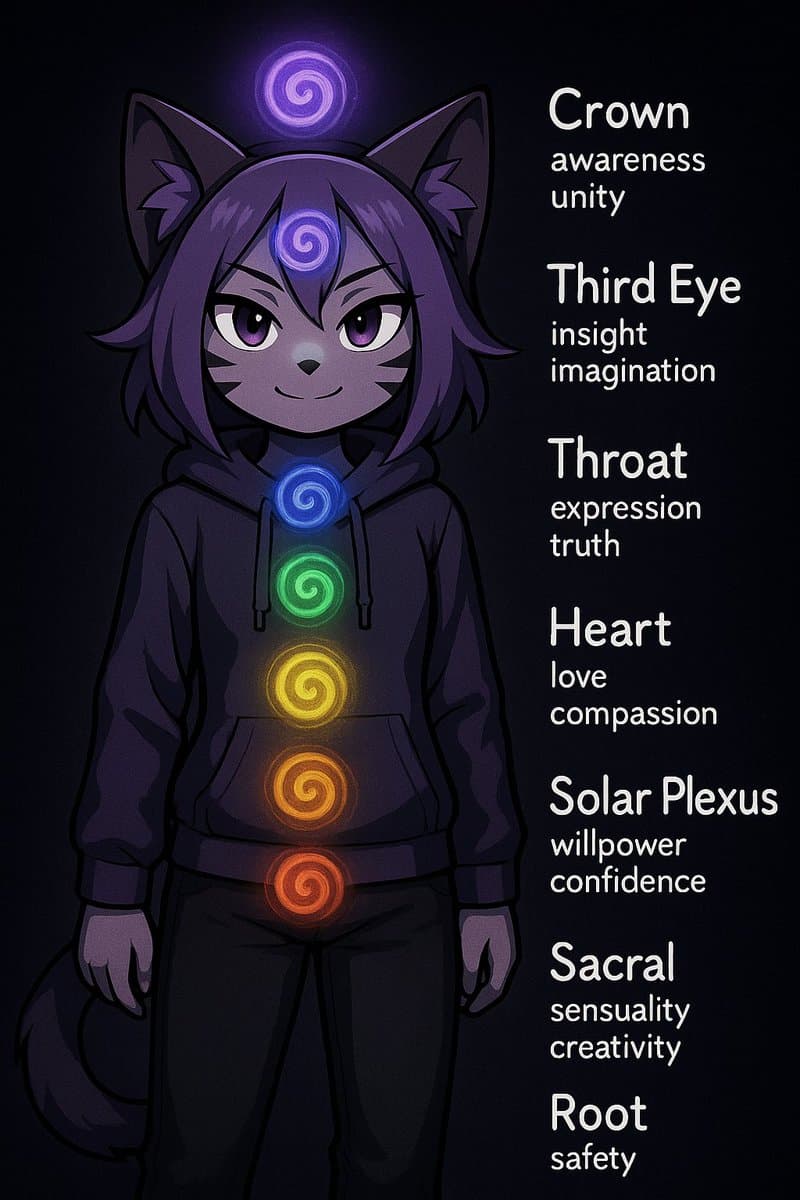 A digital illustration of a purple-furred, cat-like character wearing a dark hoodie, with seven glowing, colored spiral symbols aligned vertically on their body. To the right, text labels each chakra and its associated qualities.