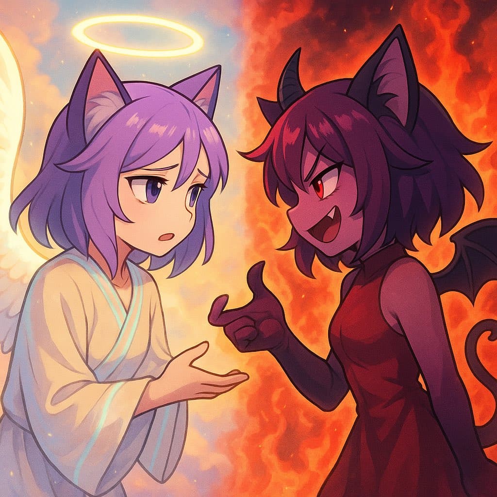 A digital illustration depicting two anime-style characters with cat ears: a purple-haired angel with a halo and wings on the left, and a dark-haired devil with horns and a tail on the right, set against a split background of heavenly clouds and hellfire. The devil is gesturing toward the angel, who looks surprised. The image contains no legible text.