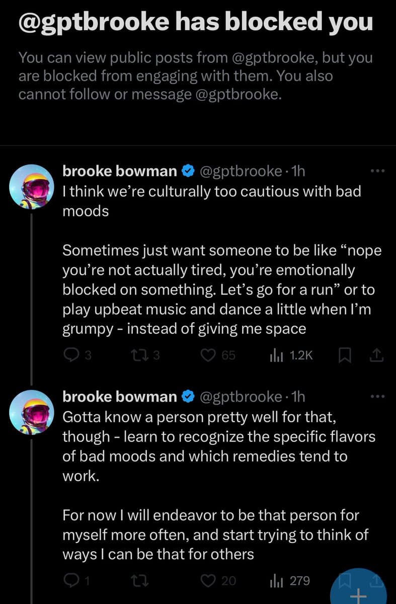 A screenshot of a Twitter/X profile page showing a 'blocked' notification at the top, followed by two posts from the user brooke bowman (@gptbrooke).