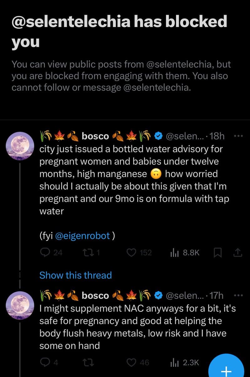 A screenshot of a Twitter (X) profile page showing a 'blocked' notification at the top, followed by two recent posts from the user @selentelechia about a city water advisory and NAC supplements.