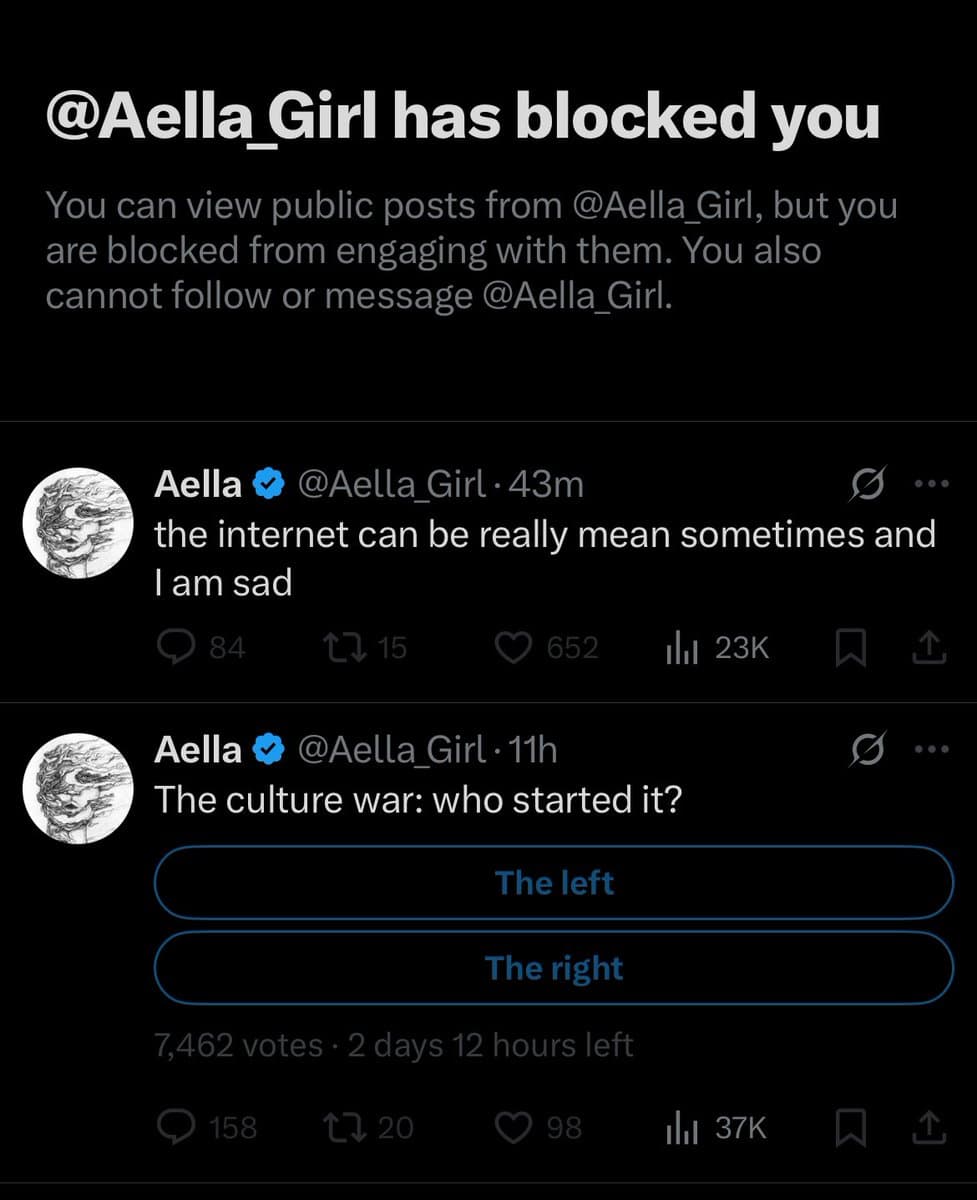 A screenshot of a Twitter/X profile page showing a notification that the user has been blocked by @Aella_Girl, followed by two of that user's recent posts. The first post is a sad statement about the internet, and the second is a poll asking who started the culture war.