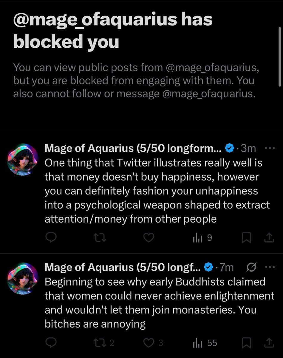 A screenshot of a Twitter feed showing a 'blocked' notification at the top, followed by two posts from the user 'Mage of Aquarius'. The first post discusses money and psychological manipulation, while the second post contains a controversial statement about early Buddhist views on women.