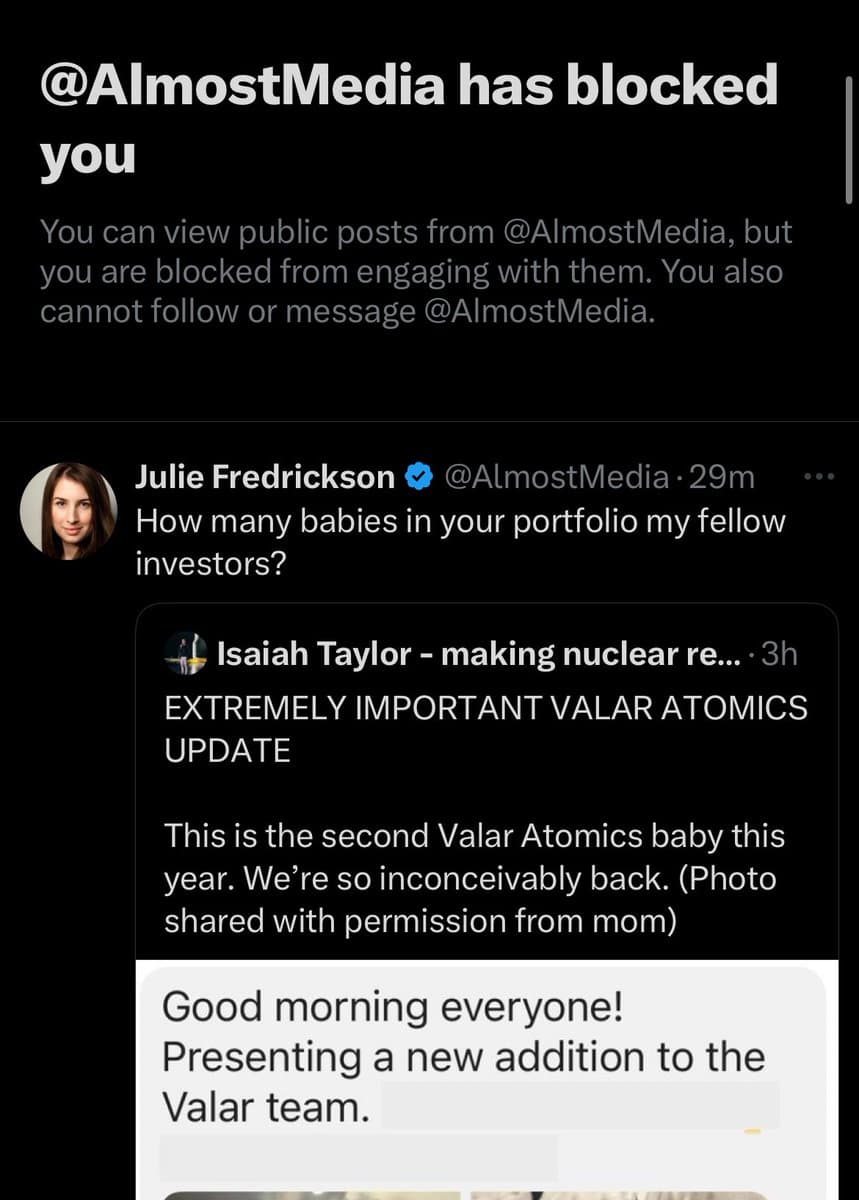 A screenshot of a Twitter (X) interface showing a 'blocked' notification at the top, followed by a post from user Julie Fredrickson (@AlmostMedia) that quotes a tweet from Isaiah Taylor about a new addition to the Valar team.
