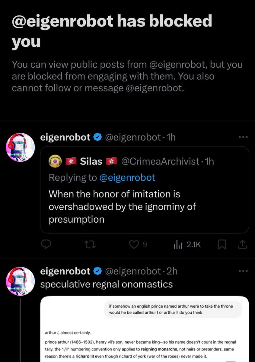 A screenshot of a Twitter profile page showing a 'blocked' notification at the top, followed by a feed of posts from the user @eigenrobot.