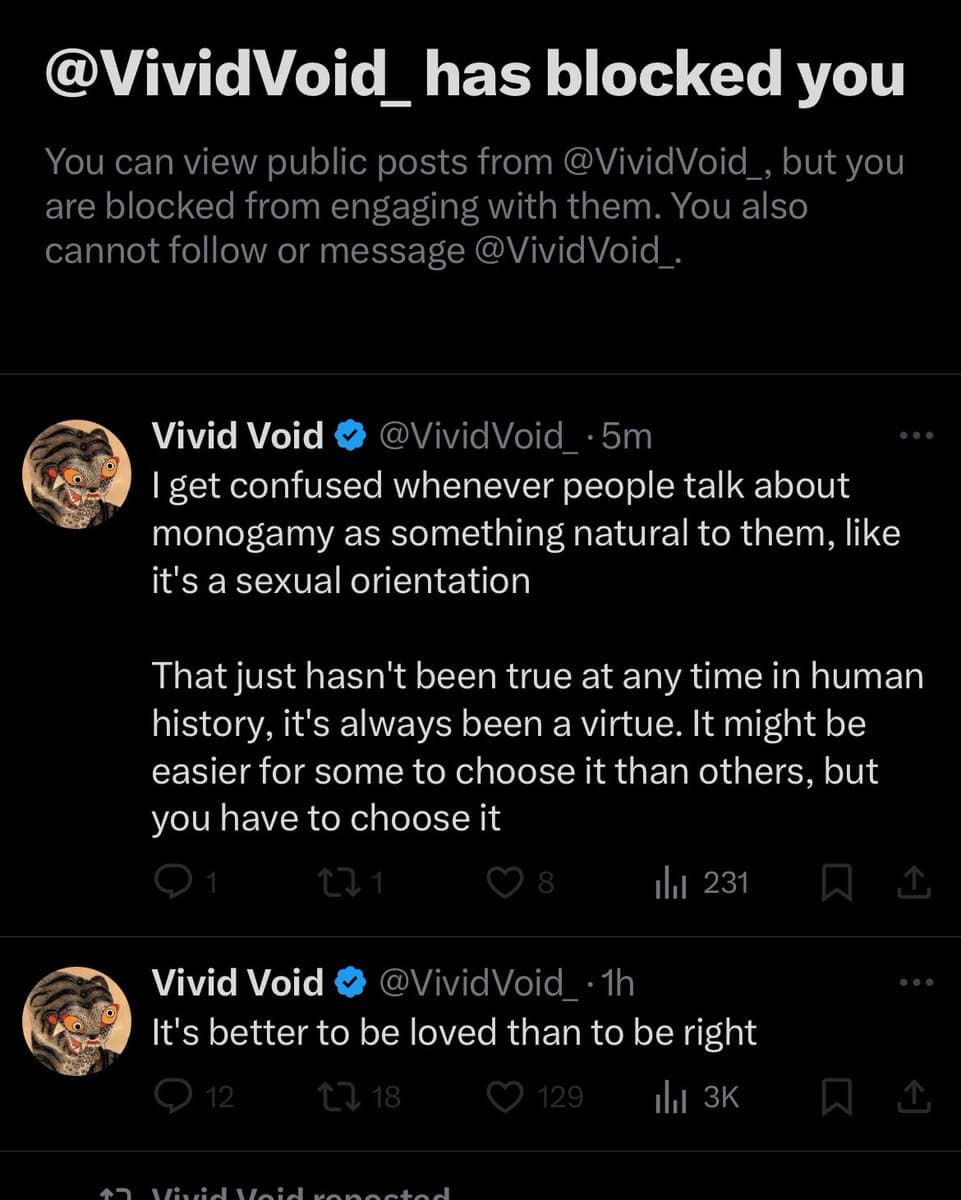 A screenshot of a Twitter/X profile page showing a 'blocked' notification at the top, followed by two posts from the user 'Vivid Void'.