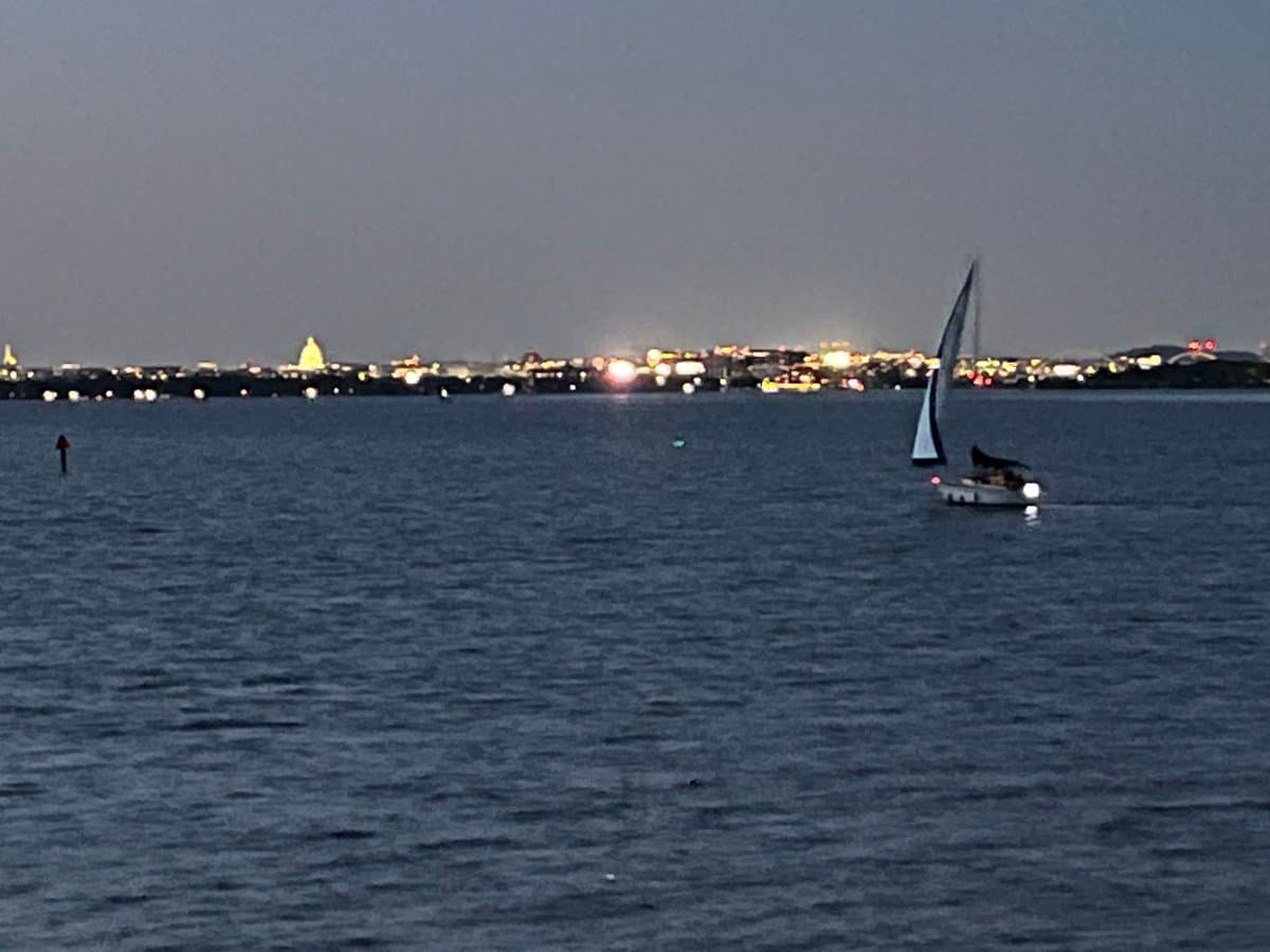 A small sailboat with a white sail and a lit navigation light is sailing on a body of water at dusk. In the background, a city skyline is visible with illuminated buildings, including a prominent domed structure on the left.