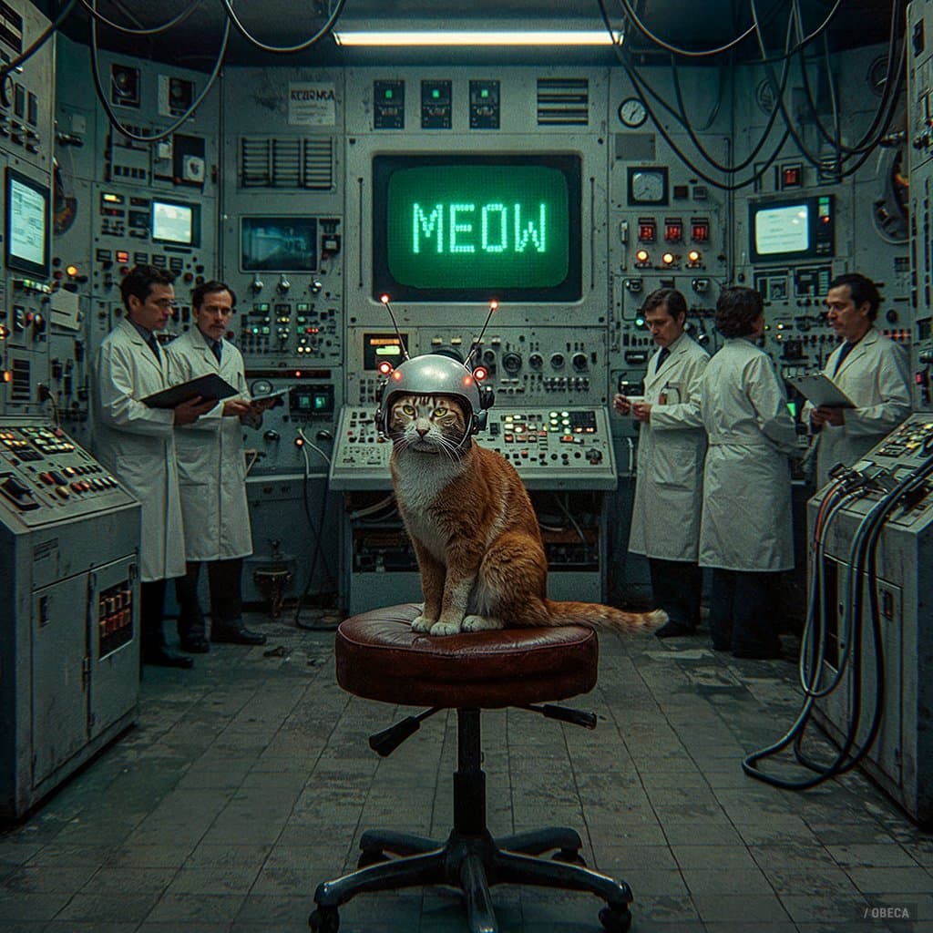 A surreal digital illustration of an orange tabby cat wearing a metallic helmet, sitting on a stool in a retro-futuristic control room. Several men in white lab coats stand around the cat, observing it, while a large central monitor displays the word "MEOW" in green text.