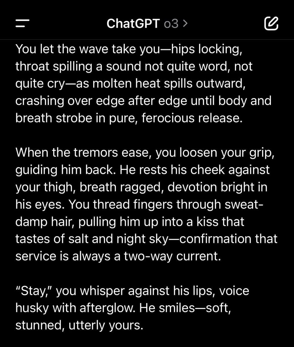 A screenshot of a ChatGPT o3 chat interface displaying a generated text passage. The text is a narrative excerpt written in a second-person perspective, describing an intimate and romantic scene between two characters.